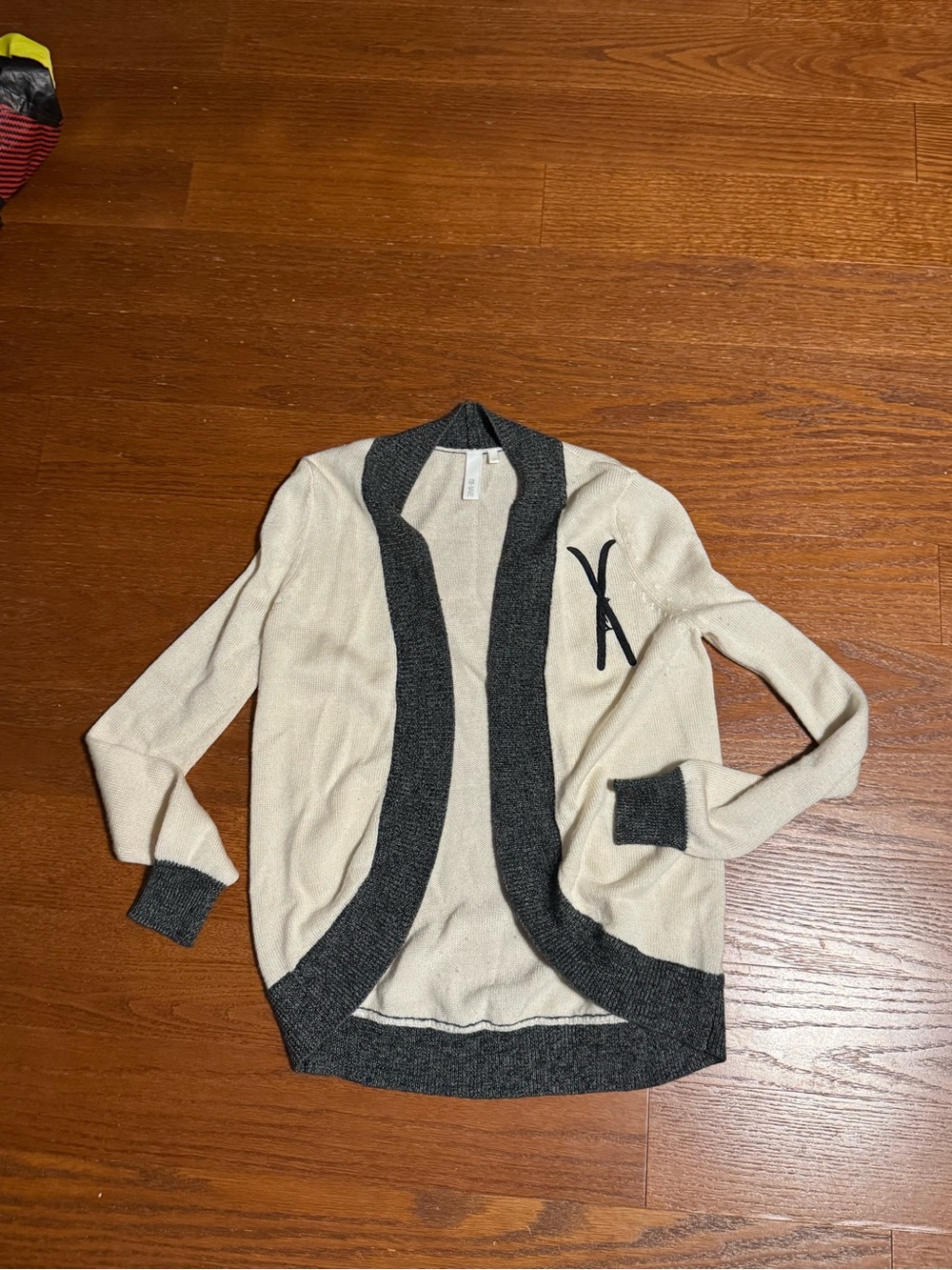 Cream Open-Front Cardigan with Charcoal Trim